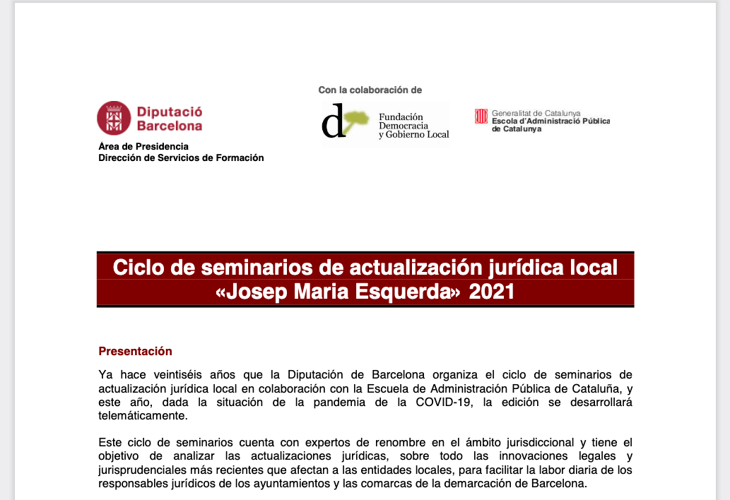 Ciclo de seminarios de actualizaci&oacute;n jur&iacute;dica local Josep Maria Esquerda 2021